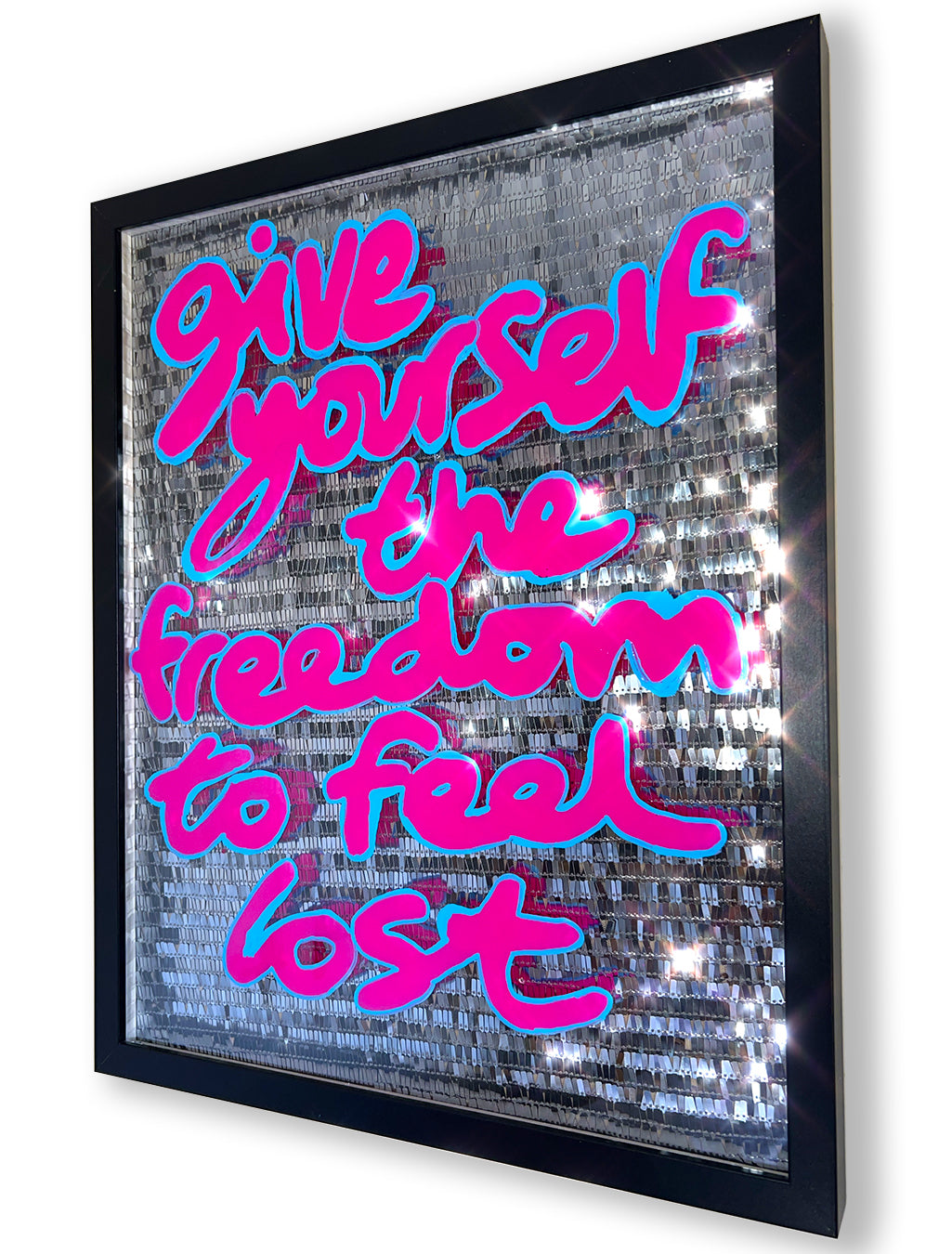Freedom to feel. Pink and Blue ink over disco silver sequins.