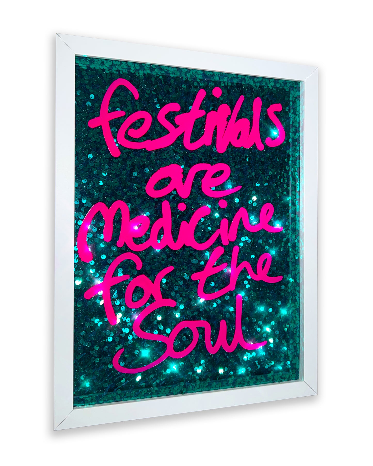 Soul medicine. pink ink over frosted green sequins. Small.