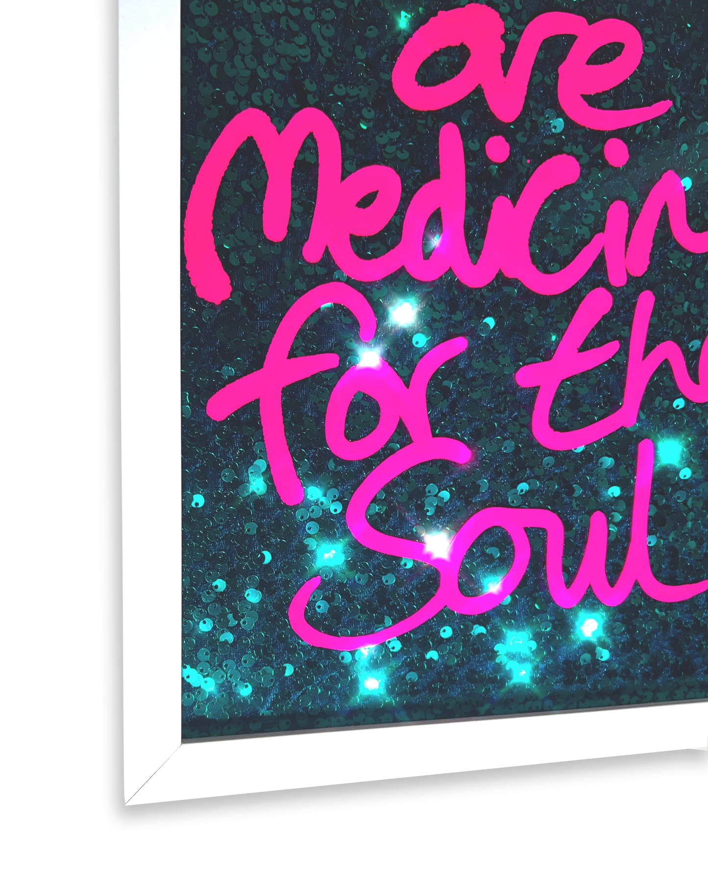 Soul medicine. pink ink over frosted green sequins. Small.