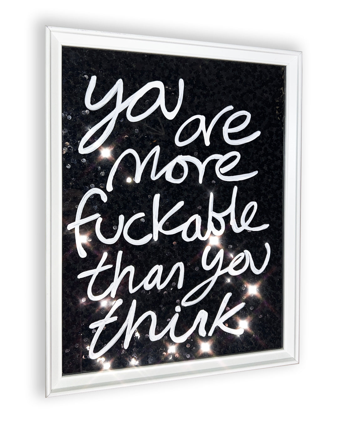 Fuckable. White ink over black sequins. Small