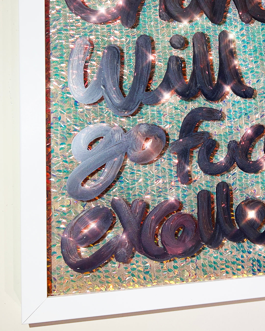 Fucking excellently. Liquid chrome ink over warm gold iridescent sequins. Medium.