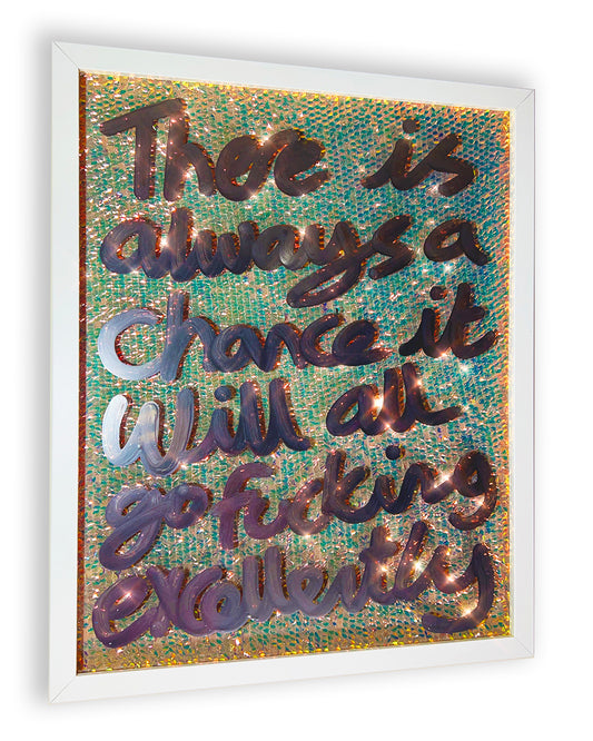 Fucking excellently. Liquid chrome ink over warm gold iridescent sequins. Medium.