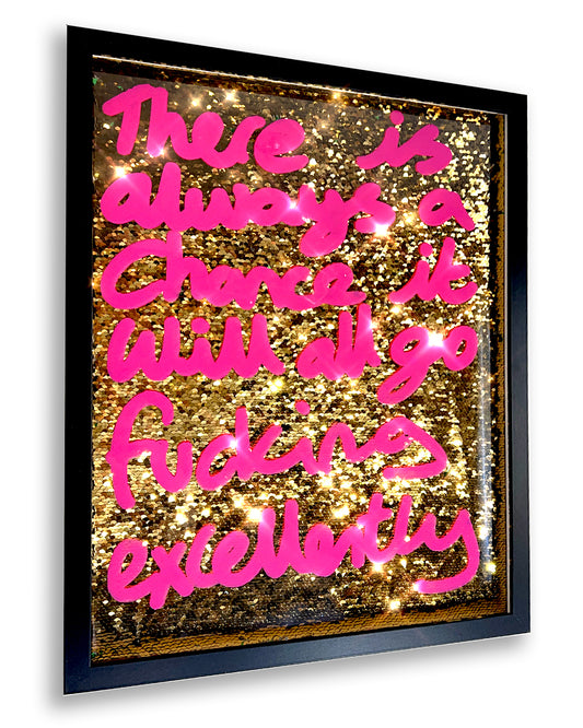 Excellently. Pink ink over gold sequins.