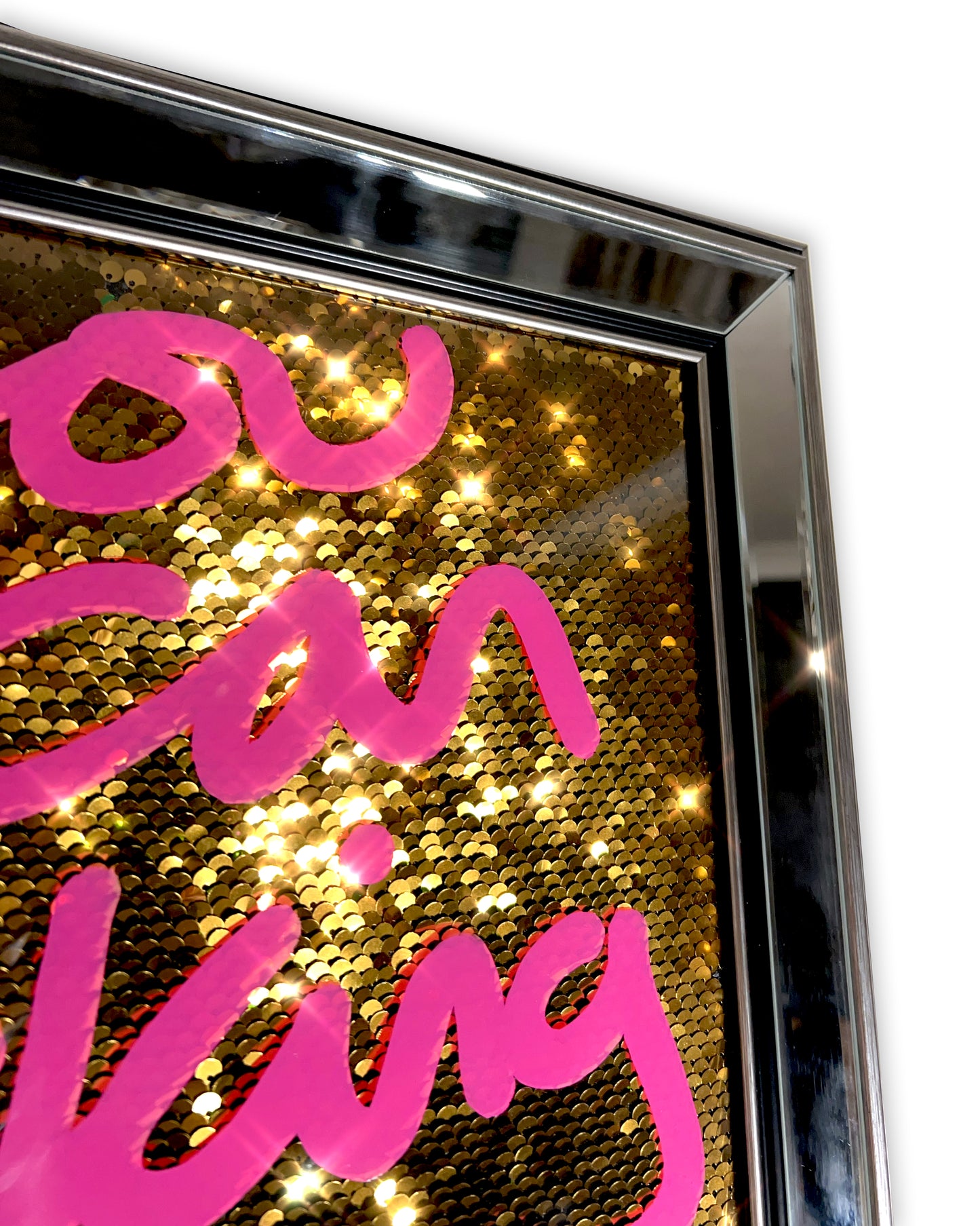 Mirror frame Fucking do it. Pink over gold sequins. Medium.