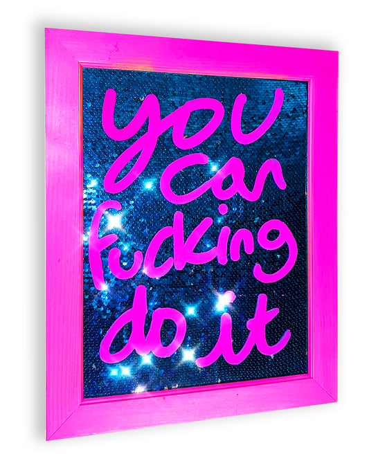 Do it.  Pink ink over blue sequins. Medium.