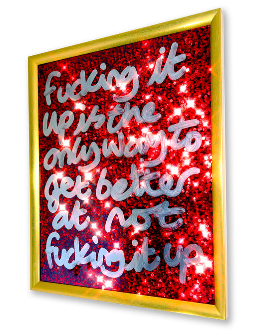 Only way. Liquid chrome ink over deep red sequins.