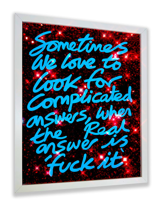 Fuck it. Sky blue ink over deep red sequins. Medium.
