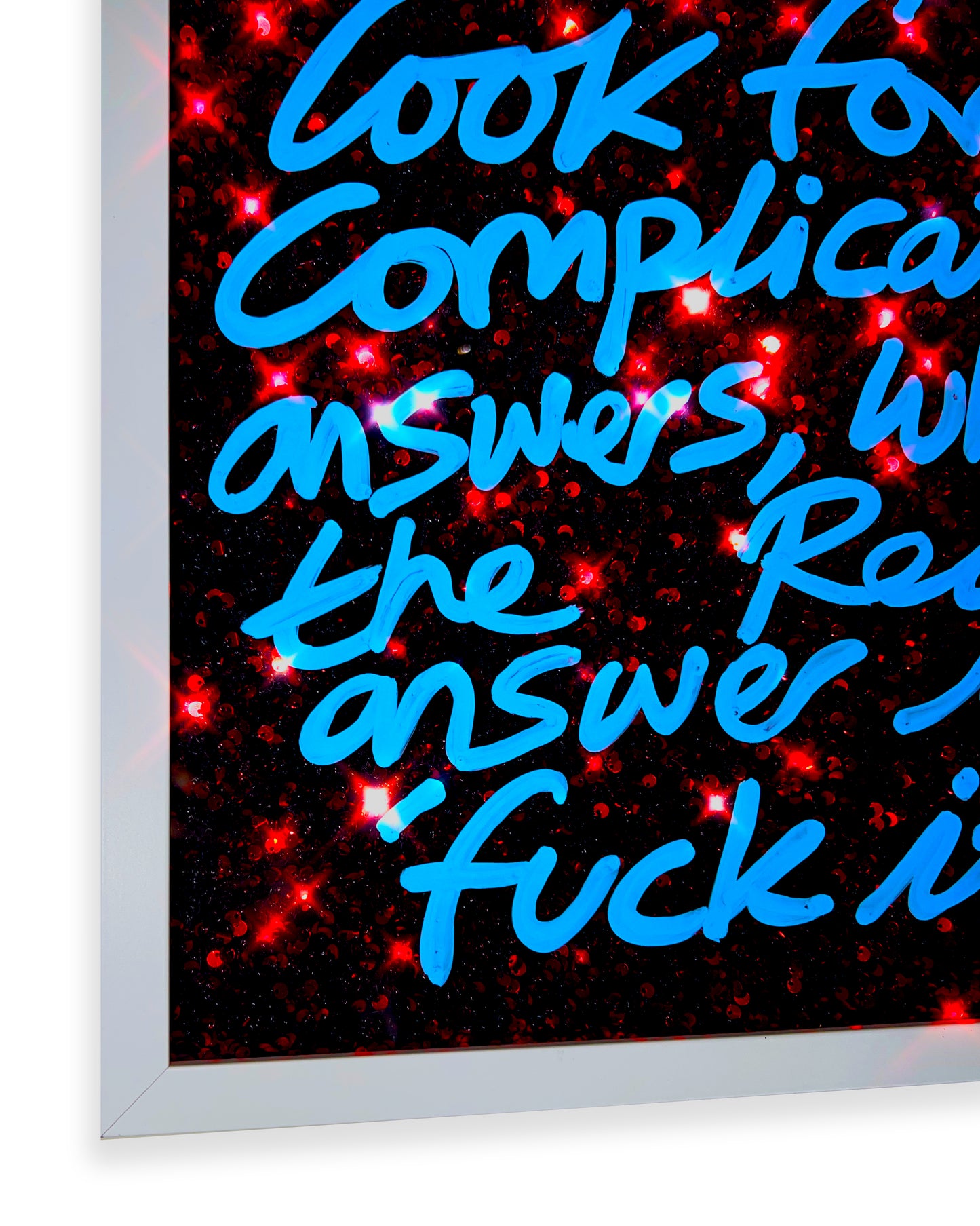 Fuck it. Sky blue ink over deep red sequins. Medium.