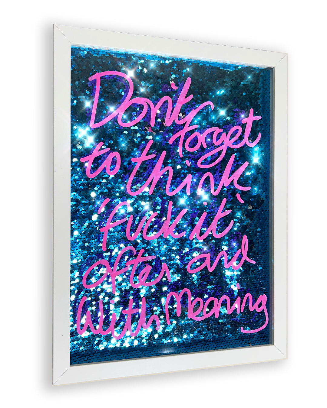 often and with meaning. pink ink over blue sequins. Small.
