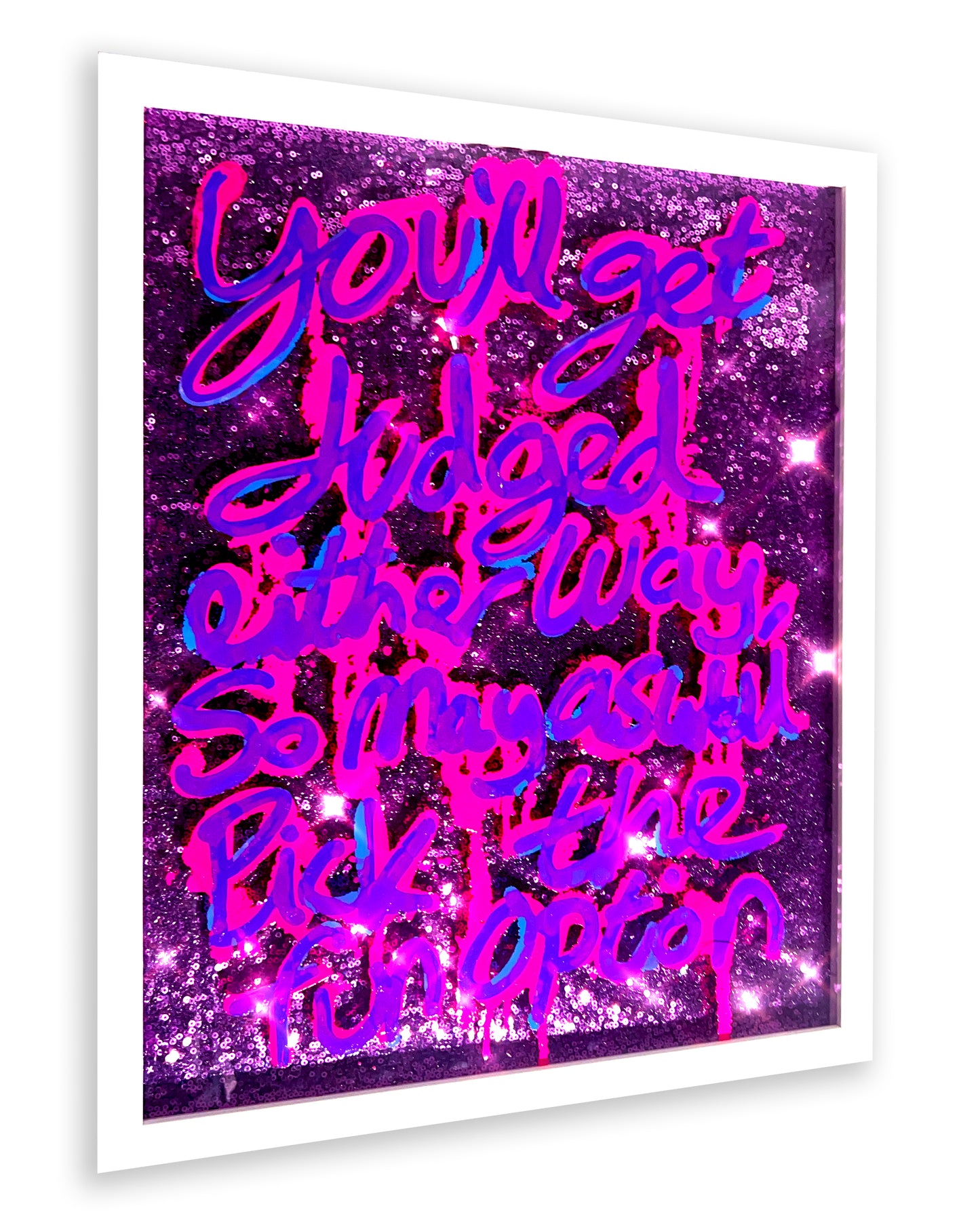 Fun option. Drippy ink over metallic pink sequins. Medium