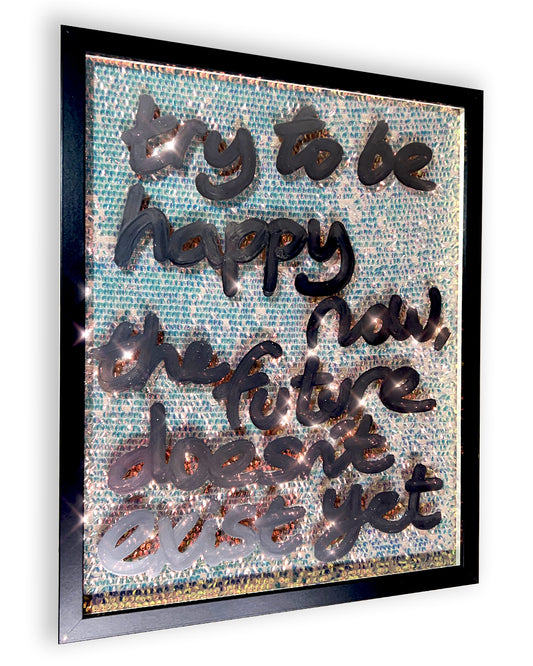 Happy now. Liquid chrome ink over iridescent warm gold sequins. Medium.