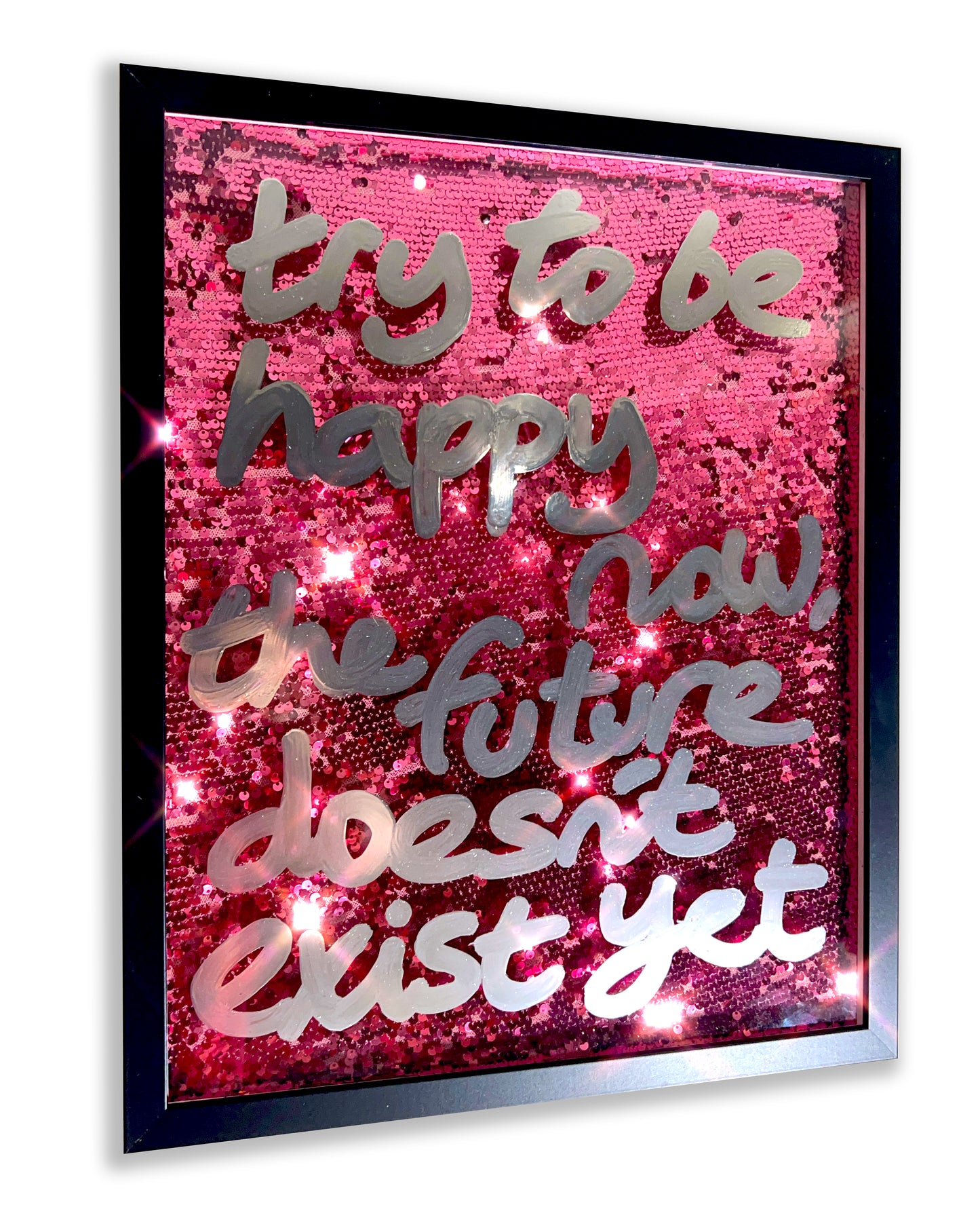 Happy now. Liquid chrome ink over metallic pink sequins. Medium