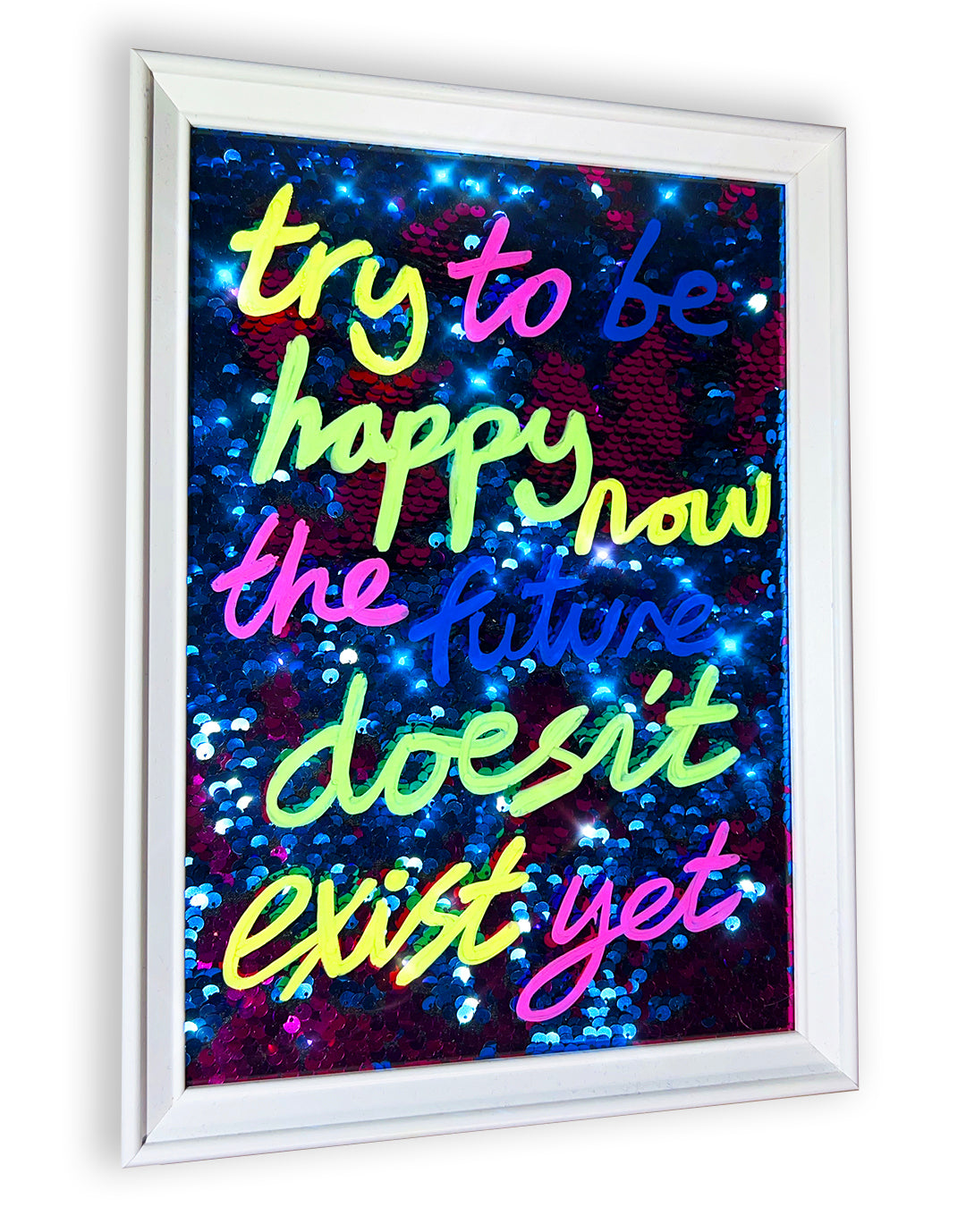 Happy now. Bright inks over blue/pink sequins. Extra Small.