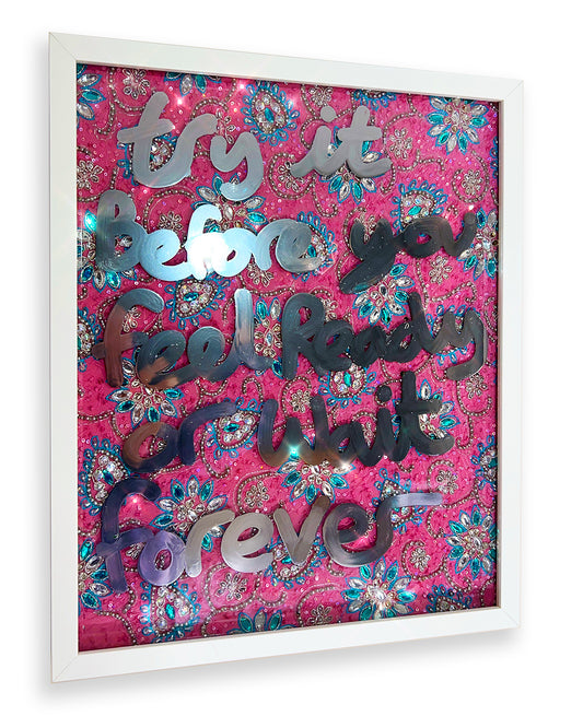 Before you feel ready. LIquid chrome ink over bejewelled fabric.