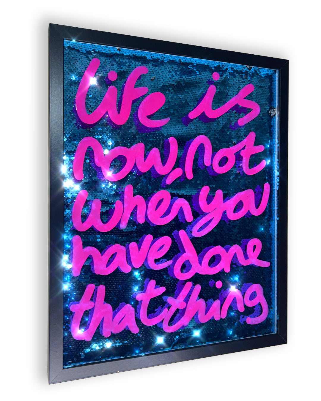 Done that thing. Pink ink over blue sequins. Medium.