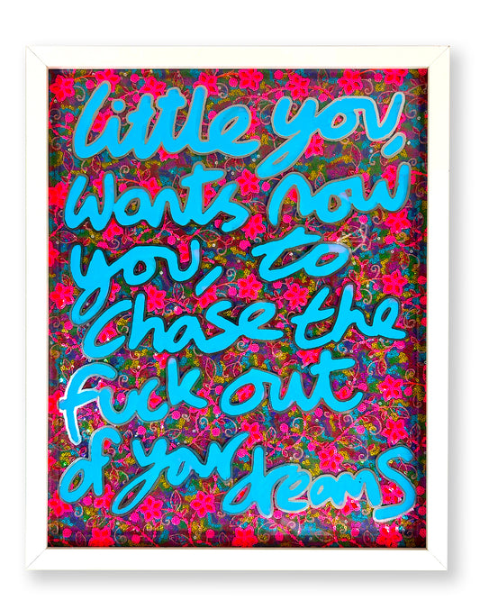 Little you. Blue & Liquid chrome ink over Paraguayan fabric.