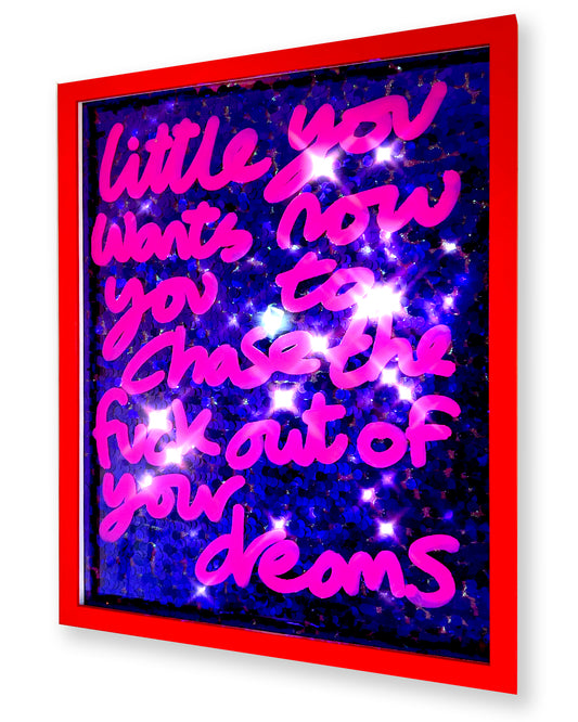 Little you. Pink ink over purple sequins.
