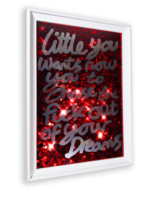 Little you. Liquid chrome over red sequins. Extra Small.