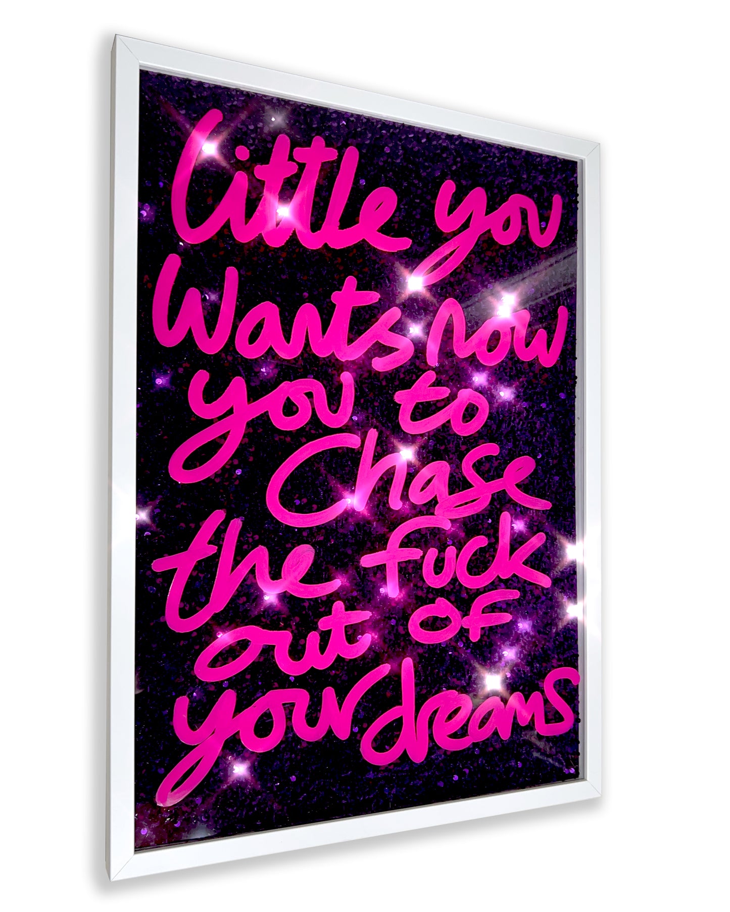 Little you. Hot pink ink over deep purple sequins. Large.