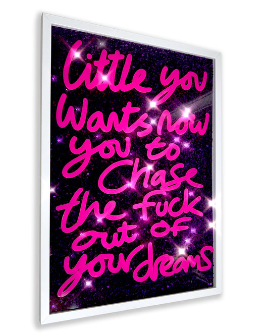 Little you. Hot pink ink over deep purple sequins. Large.
