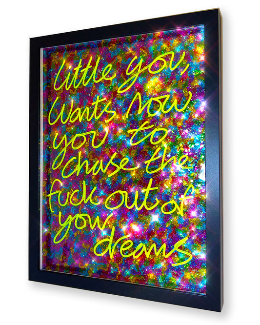 Little you. Yellow ink over multi coloured sequins.