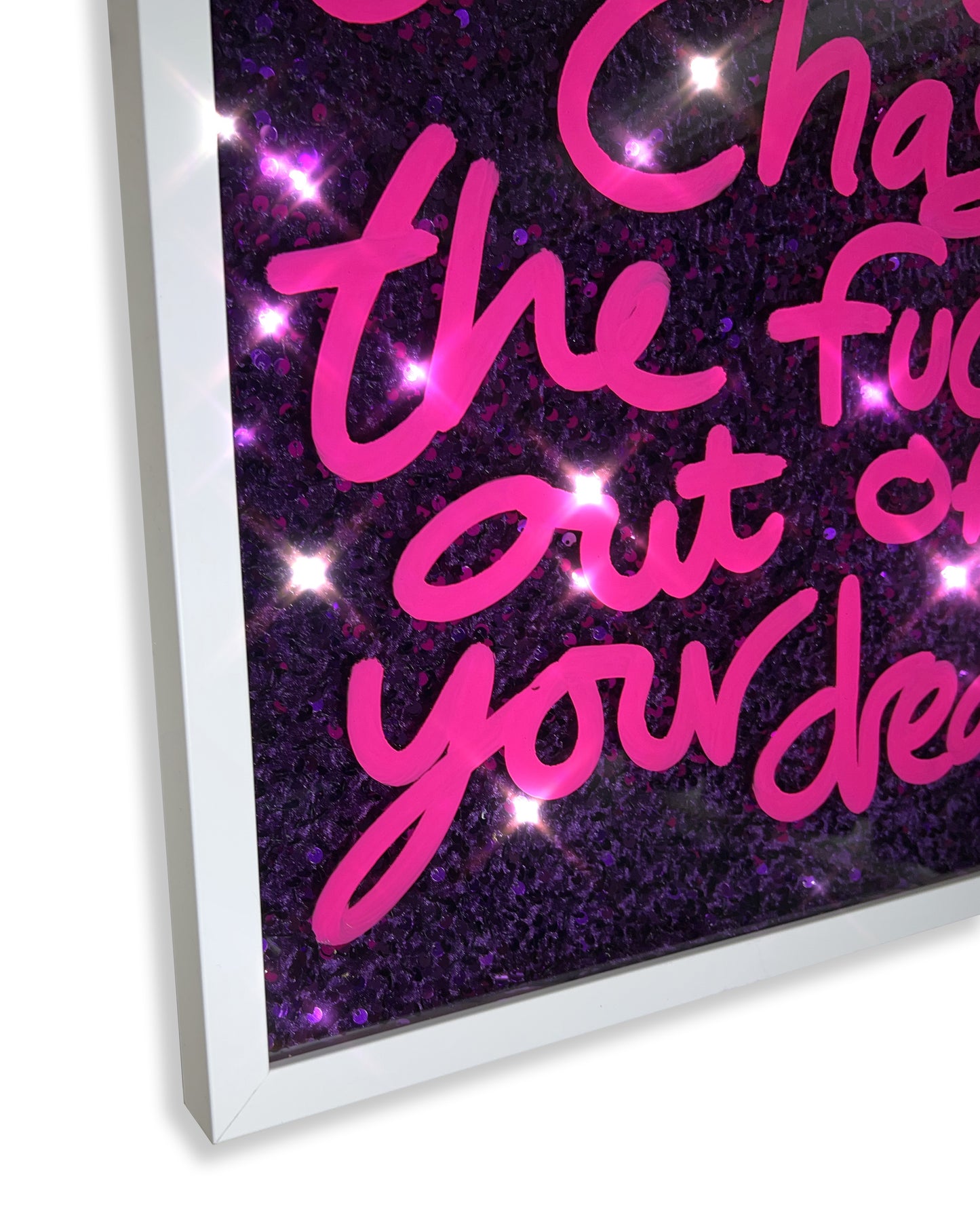 Little you. Hot pink ink over deep purple sequins. Large.