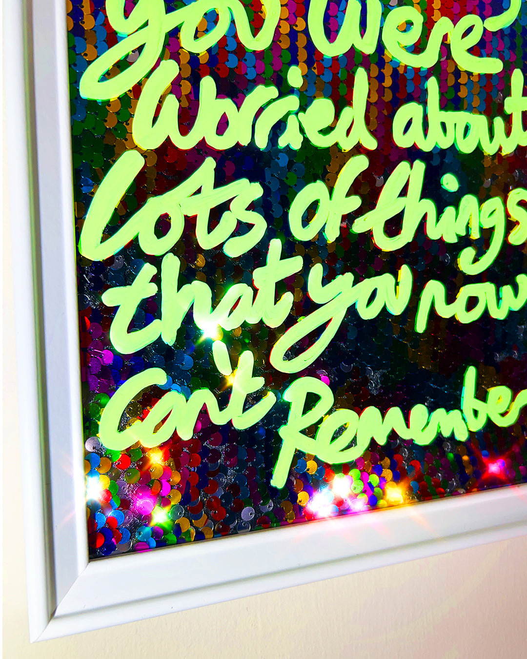 One year ago. Fluro green over multicoloured sequins. Extra Small.