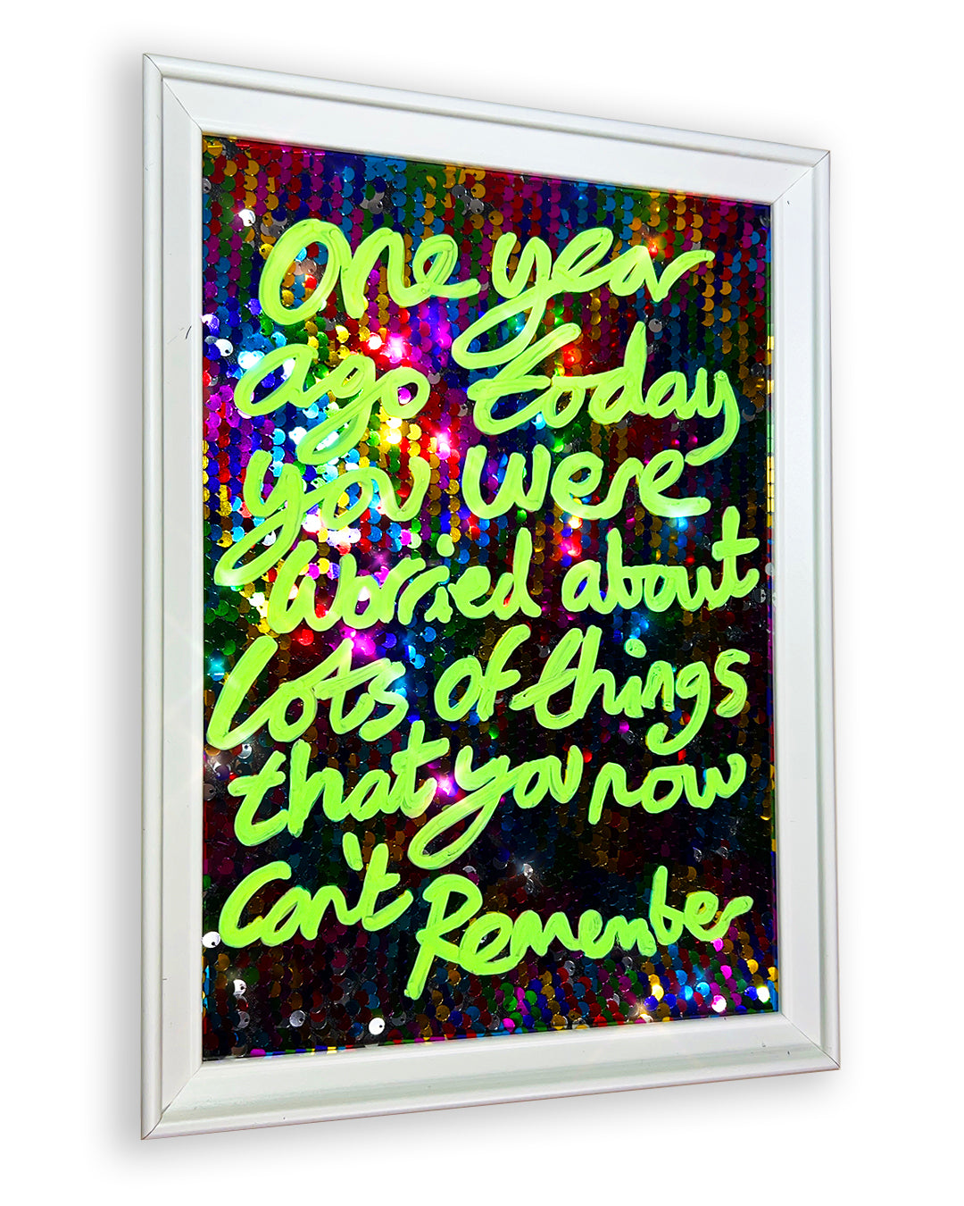 One year ago. Fluro green over multicoloured sequins. Extra Small.