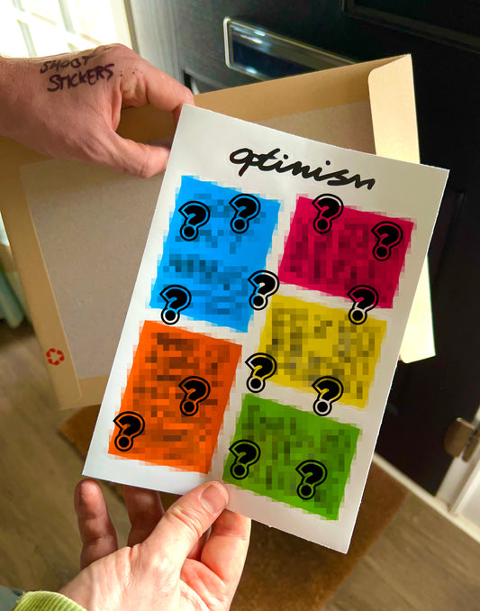 Optimistic notes on 5 stickers to stick on places where you need reminding to be hopeful.