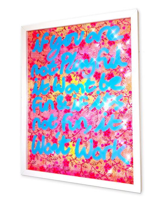 Playful. Blue ink over pink Paraguayan fabric.
