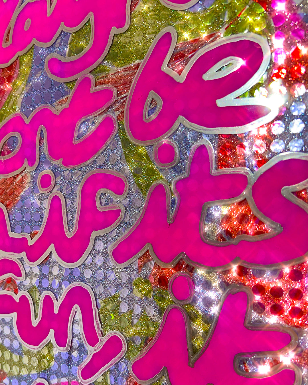 PLayful. Pink & Liquid chrome ink over Paraguayan fabric.