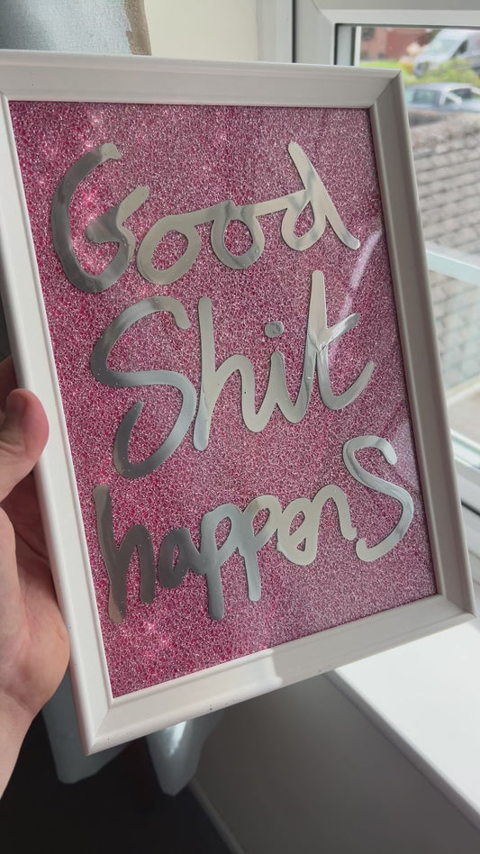 Good Shit. Liquid chrome over pink sparkling fabric. Extra Small.