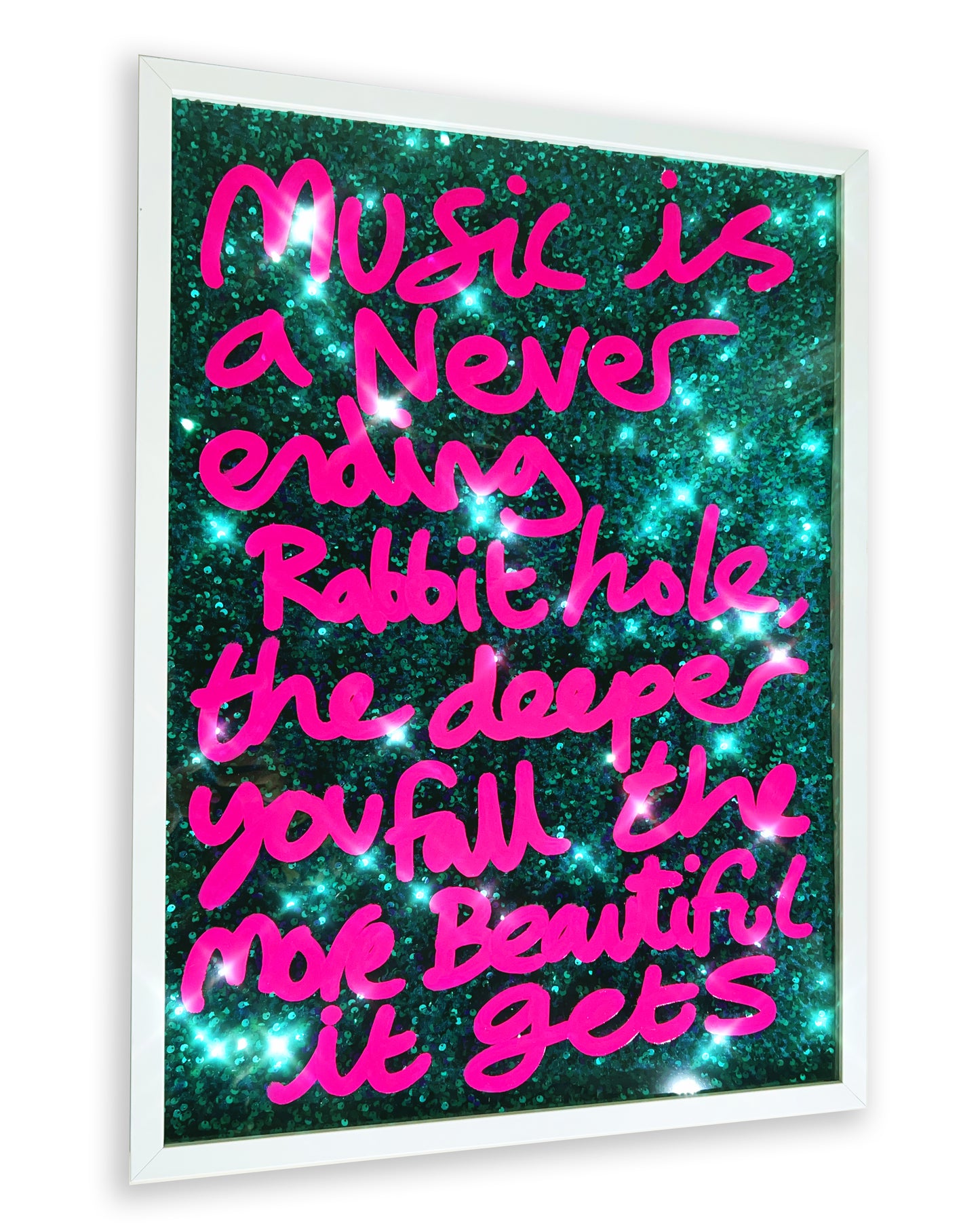 Music. Hot pink ink over frosty green/blue sequins. Large.
