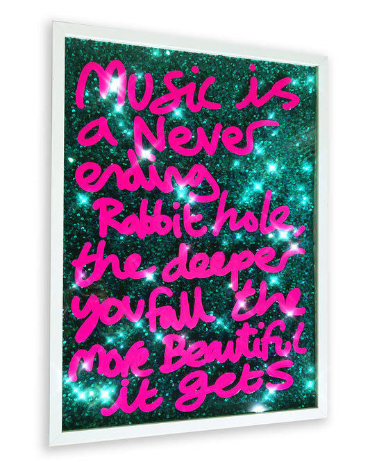 Music. Hot pink ink over frosty green/blue sequins. Large.