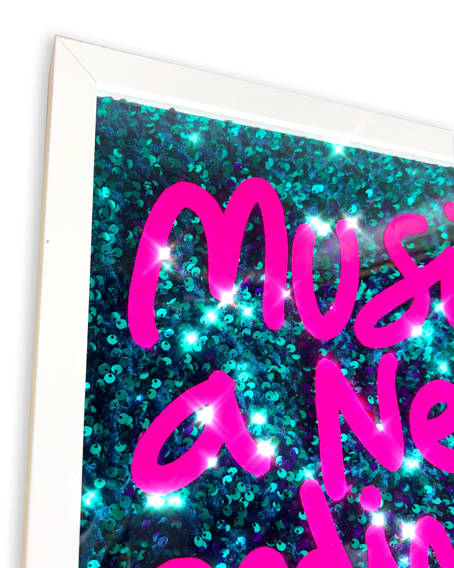 Music. Hot pink ink over frosty green/blue sequins. Large.