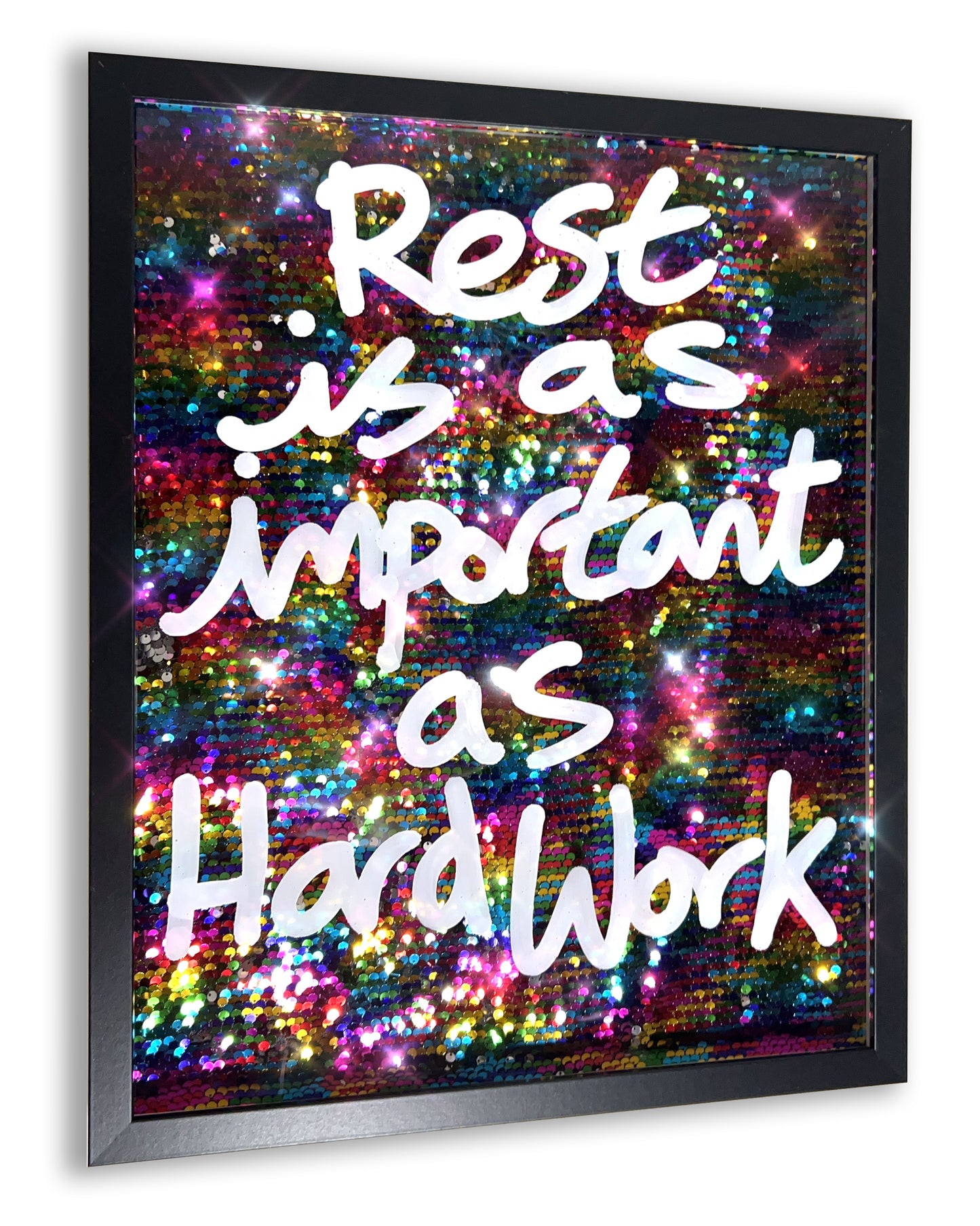 Rest. White ink over multi-coloured sequins. Medium.