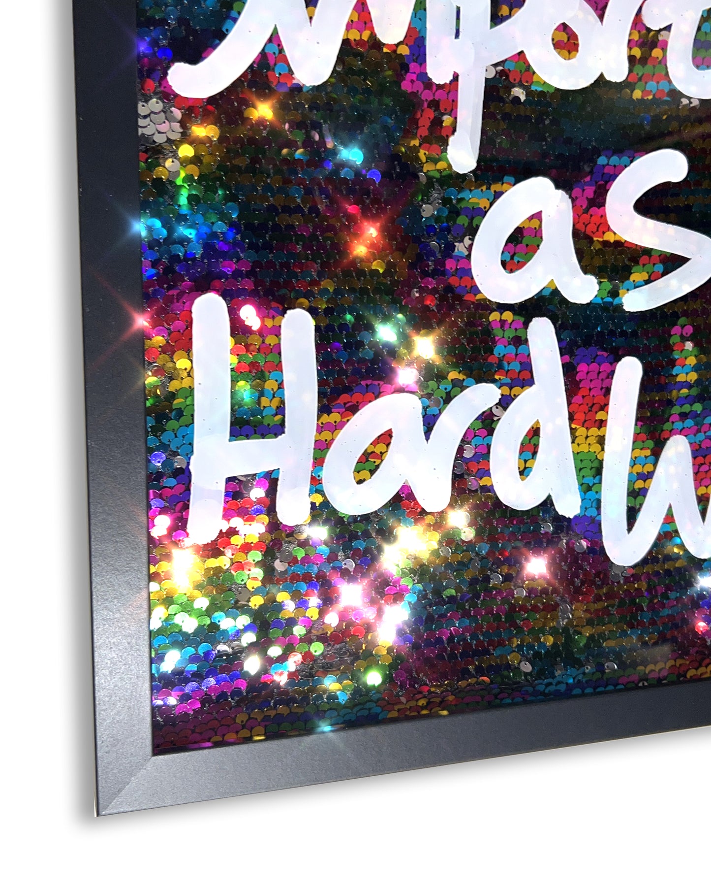 Rest. White ink over multi-coloured sequins. Medium.