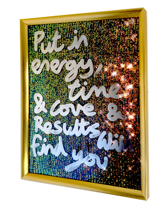 Put in energy. Liquid chrome over green/bronze sequins.