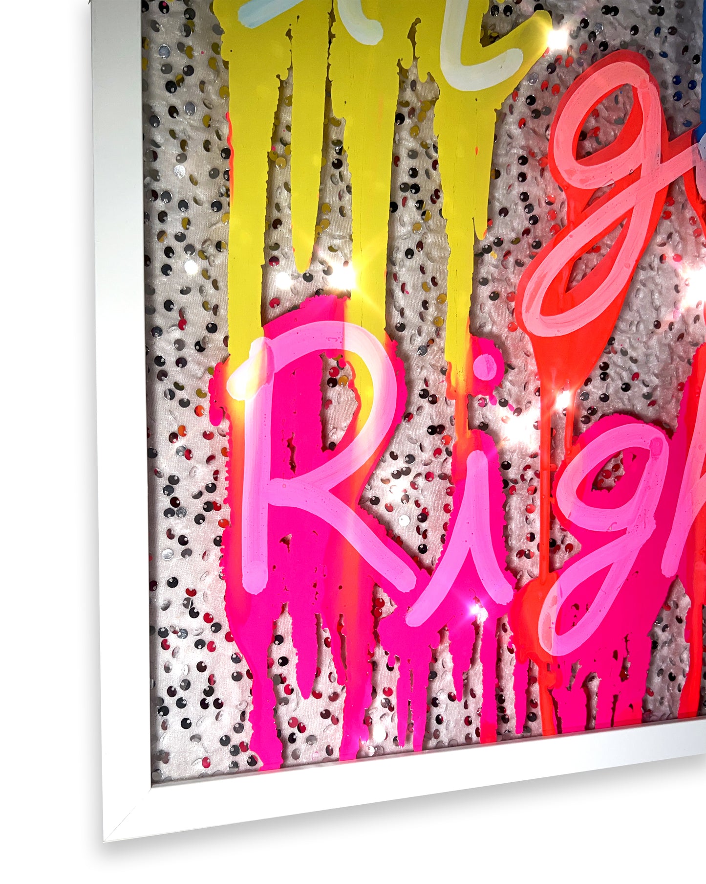 Goes Right. DRIP inks over white and diamond sequins. Large.