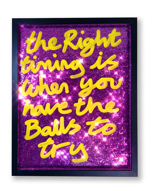 Right timing. Yellow ink over pink/purple sequins.