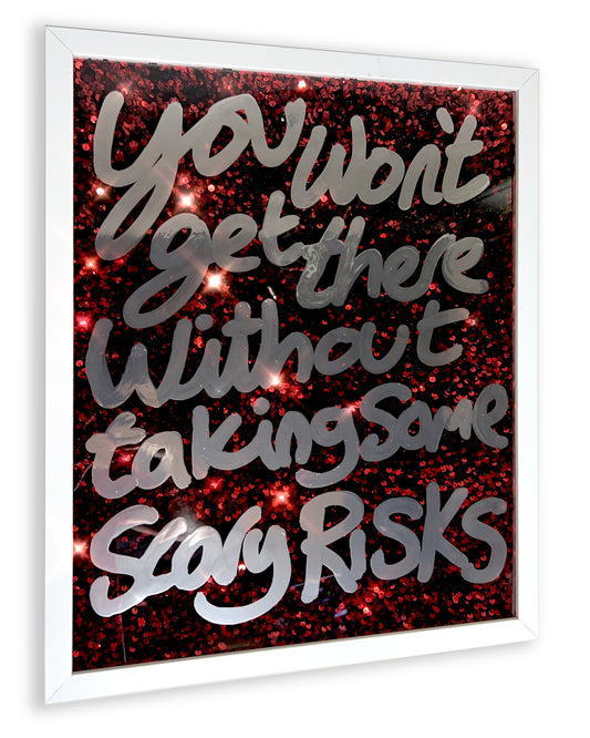 Risks. Liquid chrome ink over deep red sequins. Medium.