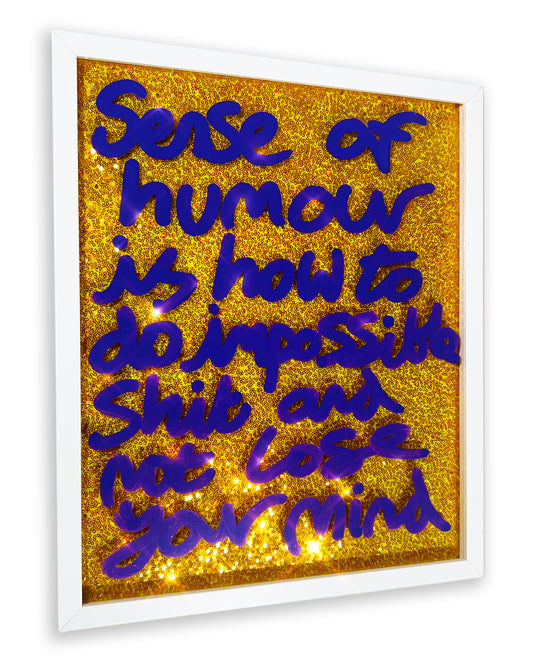 Sense of humour. Purple ink over iridescent gold sequins. Medium