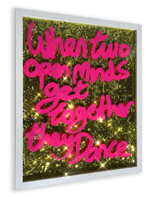Two open minds. Hot pink ink over lime gold sequins. Medium.