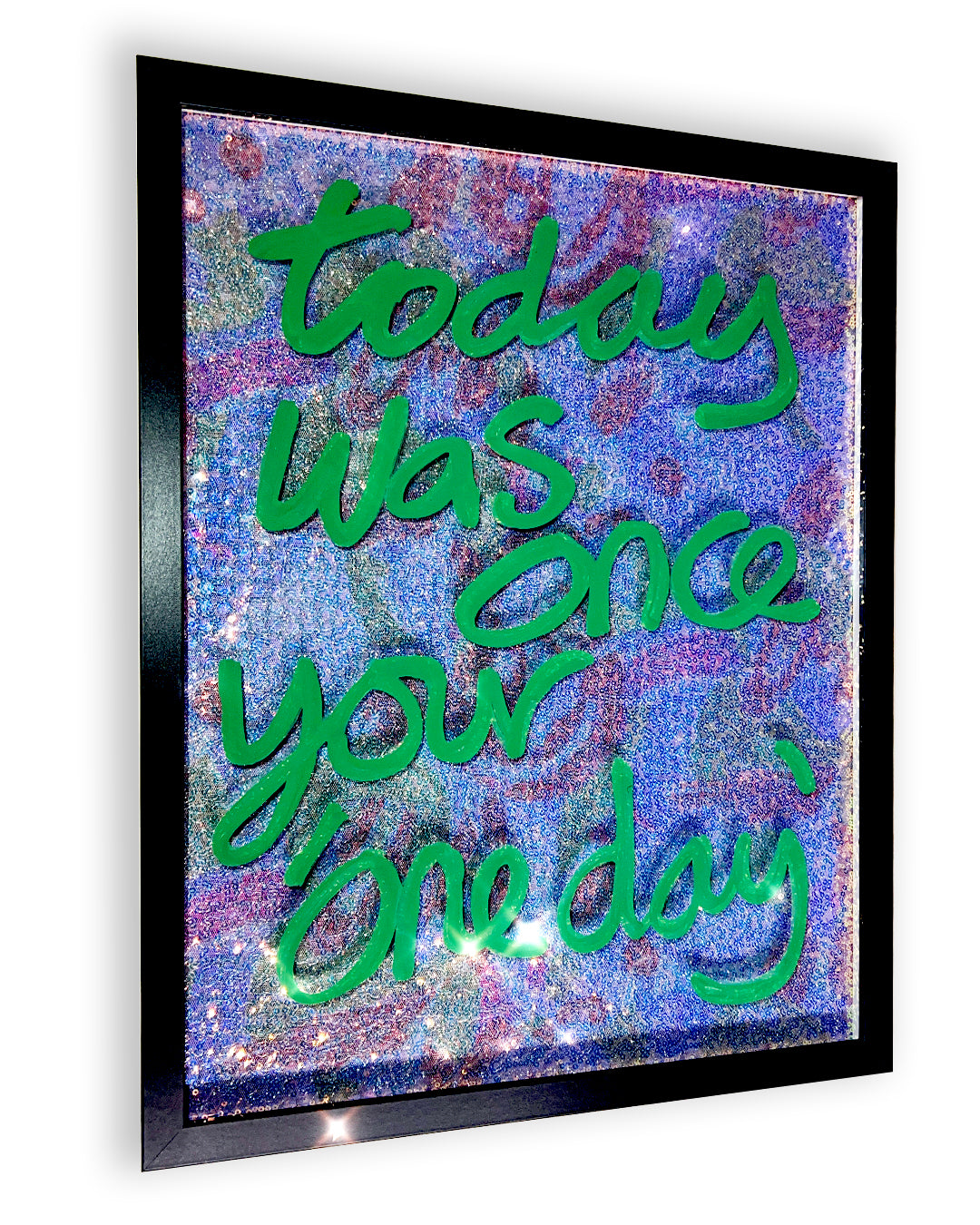 Today. Green ink over lilac & multicoloured sequins. Medium.