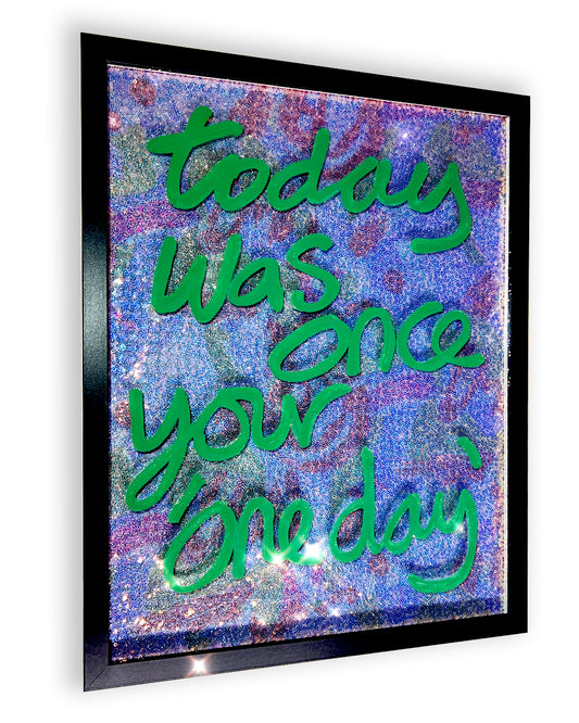 Today. Green ink over lilac & multicoloured sequins. Medium.