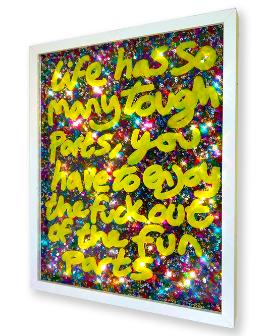 Tough parts. Yellow ink over multi-coloured sequins.