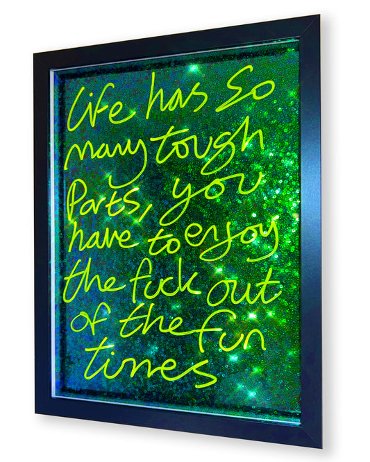 Fun Parts.  Yellow ink over deep green sequins.