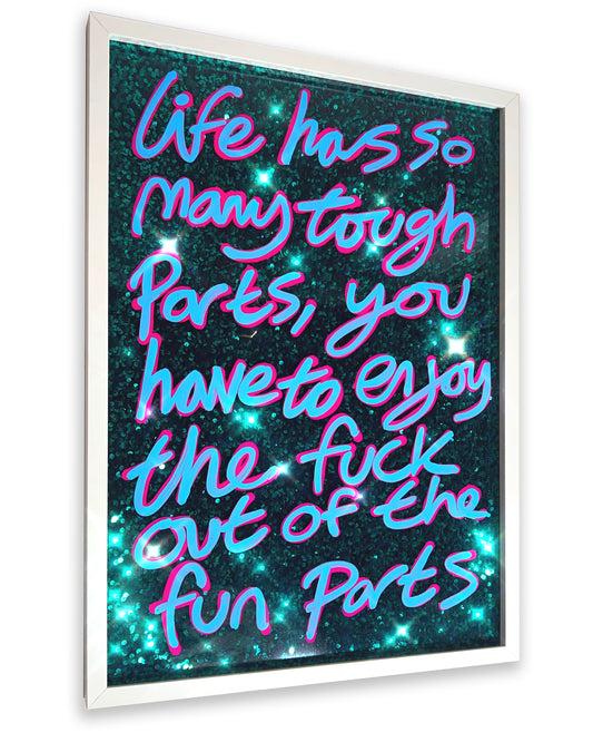 Fun parts.  Blue/Pink Ink over frosted green sequins. Large.