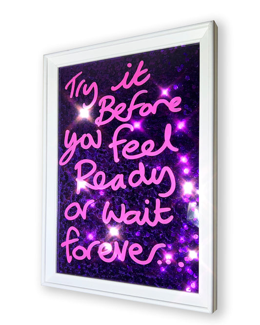 Or wait forever. Pink ink over purple sequins. Extra Small.