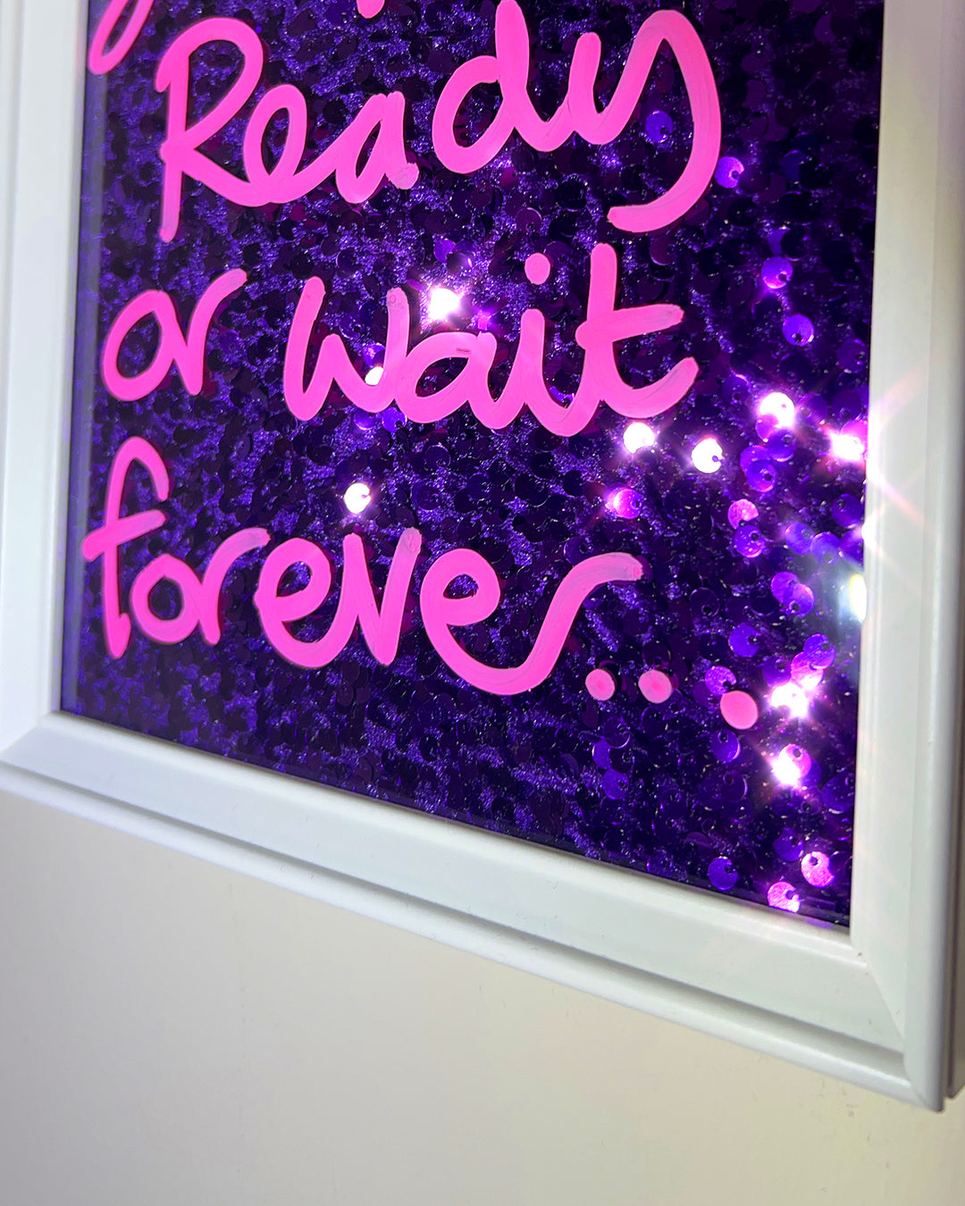 Or wait forever. Pink ink over purple sequins. Extra Small.
